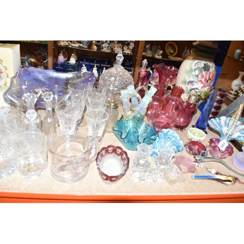 381 - A COLLECTION OF COLOURED GLASS, comprising a collection of Victorian cranberry glass, a blue glass o... 