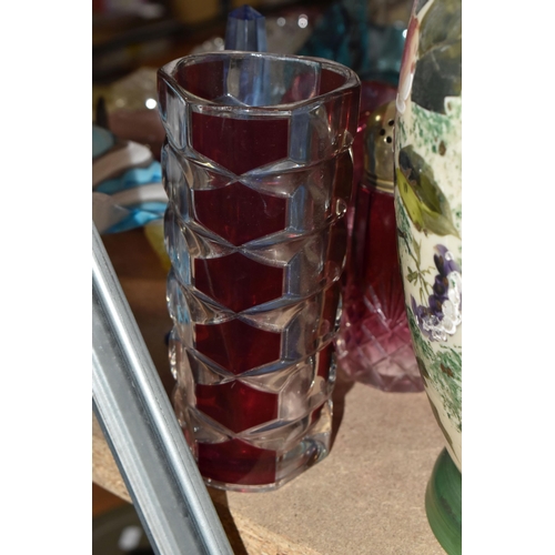 381 - A COLLECTION OF COLOURED GLASS, comprising a collection of Victorian cranberry glass, a blue glass o... 