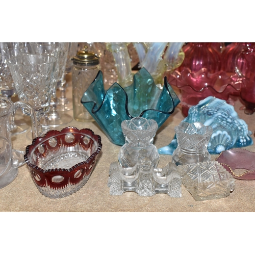 381 - A COLLECTION OF COLOURED GLASS, comprising a collection of Victorian cranberry glass, a blue glass o... 