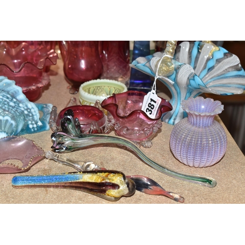 381 - A COLLECTION OF COLOURED GLASS, comprising a collection of Victorian cranberry glass, a blue glass o... 