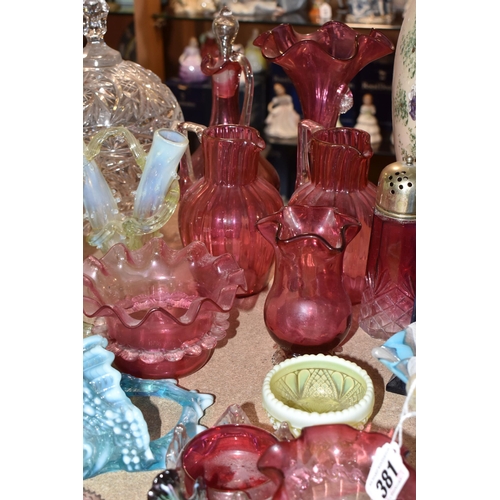 381 - A COLLECTION OF COLOURED GLASS, comprising a collection of Victorian cranberry glass, a blue glass o... 