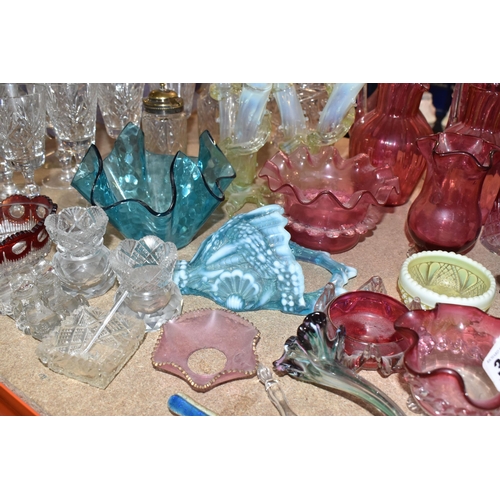 381 - A COLLECTION OF COLOURED GLASS, comprising a collection of Victorian cranberry glass, a blue glass o... 