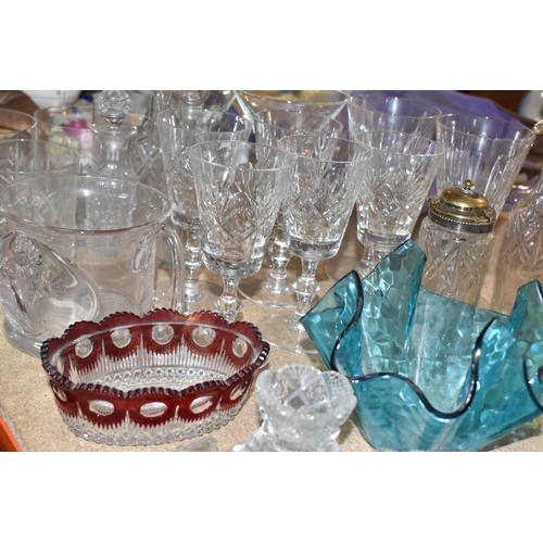 381 - A COLLECTION OF COLOURED GLASS, comprising a collection of Victorian cranberry glass, a blue glass o... 