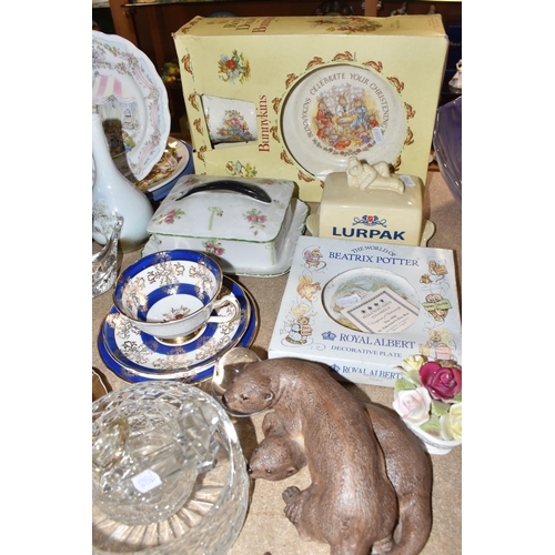 382 - A GROUP OF ORNAMENTAL CERAMICS AND NOVELTY ITEMS, to include Royal Doulton Bunnykins bowl and cup in... 