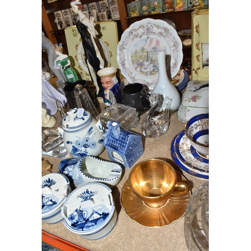 382 - A GROUP OF ORNAMENTAL CERAMICS AND NOVELTY ITEMS, to include Royal Doulton Bunnykins bowl and cup in... 