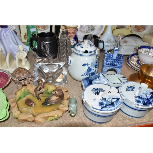 382 - A GROUP OF ORNAMENTAL CERAMICS AND NOVELTY ITEMS, to include Royal Doulton Bunnykins bowl and cup in... 