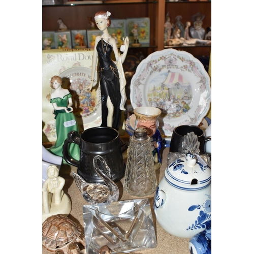 382 - A GROUP OF ORNAMENTAL CERAMICS AND NOVELTY ITEMS, to include Royal Doulton Bunnykins bowl and cup in... 