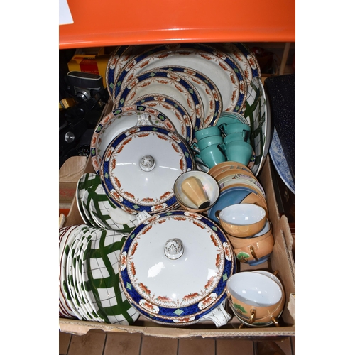 386 - THREE BOXES AND LOOSE MISCELLANEOUS CERAMICS, to include vintage Palissy dinnerware items, covered t... 