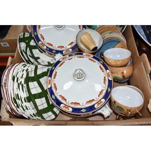 386 - THREE BOXES AND LOOSE MISCELLANEOUS CERAMICS, to include vintage Palissy dinnerware items, covered t... 