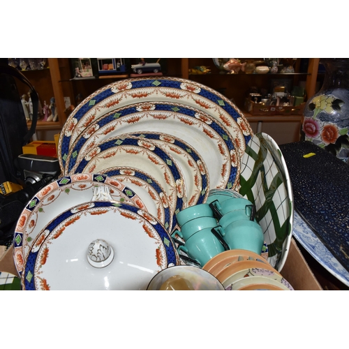 386 - THREE BOXES AND LOOSE MISCELLANEOUS CERAMICS, to include vintage Palissy dinnerware items, covered t... 