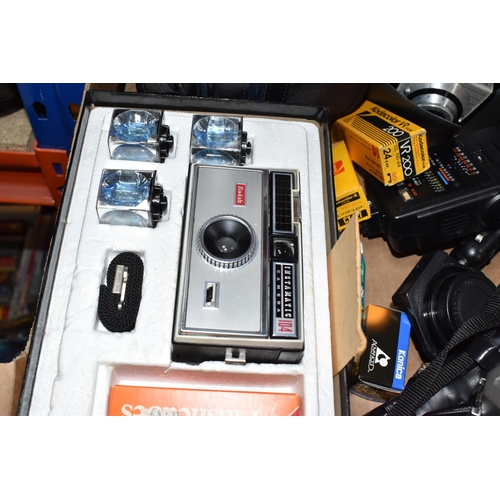 387 - ONE BOX OF CAMERAS AND ACCESSORIES, to include a 1960's Kodak Instamatic camera 104 Outfit in origin... 