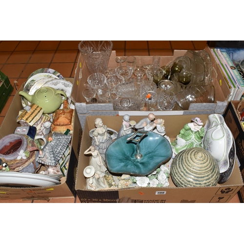 388 - FIVE BOXES OF CERAMICS,GLASSWARE AND MISCELLANEOUS, to include DVDs subjects include comedy, DVD gam... 