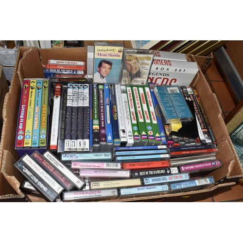 388 - FIVE BOXES OF CERAMICS,GLASSWARE AND MISCELLANEOUS, to include DVDs subjects include comedy, DVD gam... 