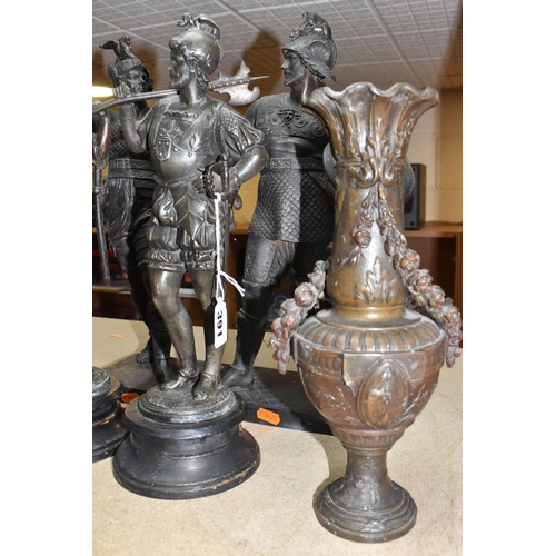 391 - FOUR METAL FIGURES AND A PAIR OF MANTEL VASES, comprising of a pair of warrior style spelter figures... 