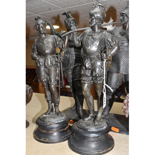 391 - FOUR METAL FIGURES AND A PAIR OF MANTEL VASES, comprising of a pair of warrior style spelter figures... 