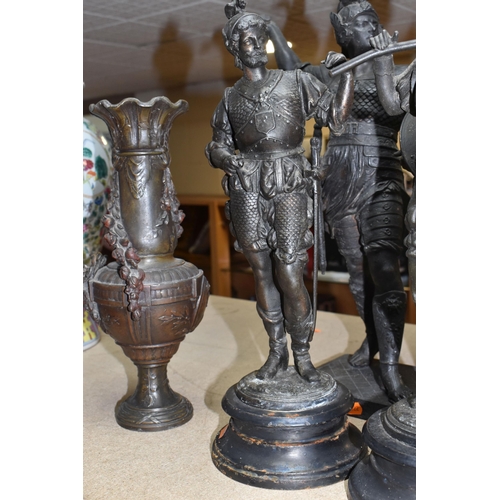 391 - FOUR METAL FIGURES AND A PAIR OF MANTEL VASES, comprising of a pair of warrior style spelter figures... 