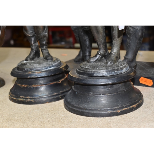 391 - FOUR METAL FIGURES AND A PAIR OF MANTEL VASES, comprising of a pair of warrior style spelter figures... 