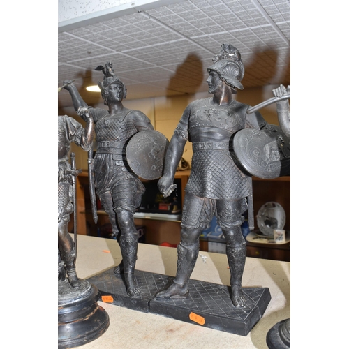 391 - FOUR METAL FIGURES AND A PAIR OF MANTEL VASES, comprising of a pair of warrior style spelter figures... 