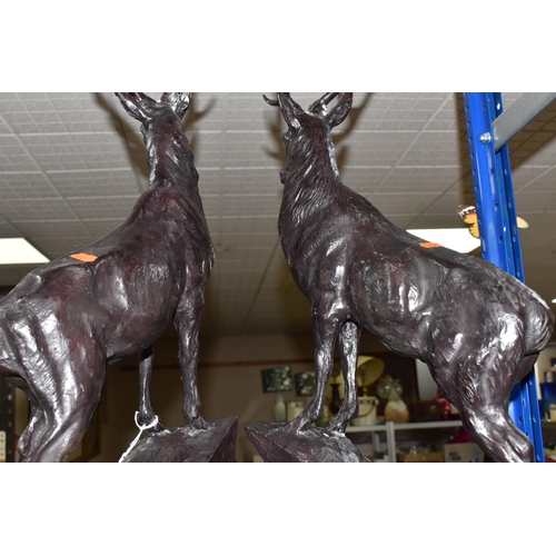 393 - TWO LARGE CAST BRONZE STAG FIGURES, after Jules Moigniez (French 1835 - 1894), pair of hollow cast b... 