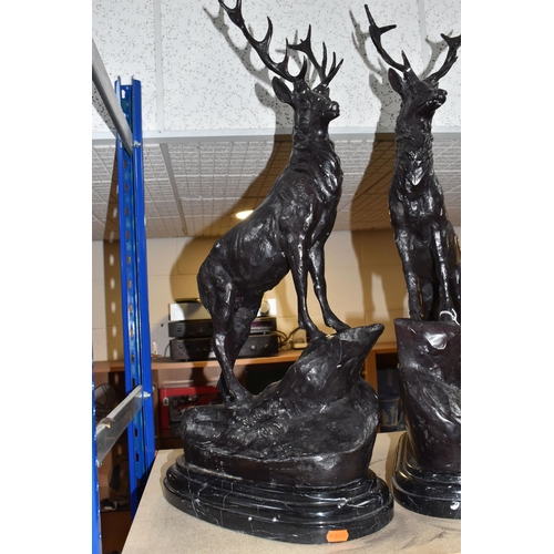 393 - TWO LARGE CAST BRONZE STAG FIGURES, after Jules Moigniez (French 1835 - 1894), pair of hollow cast b... 