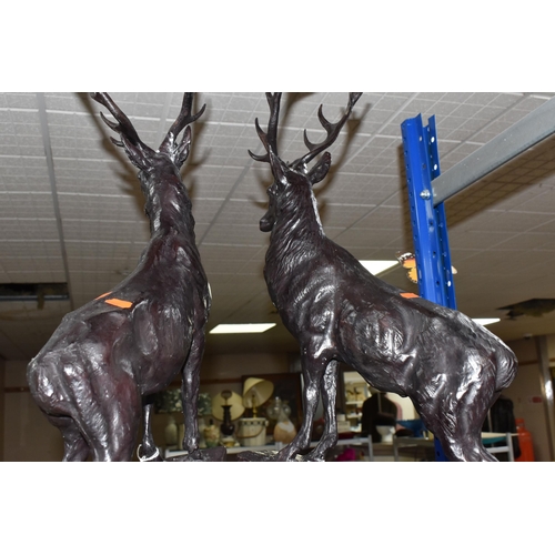 393 - TWO LARGE CAST BRONZE STAG FIGURES, after Jules Moigniez (French 1835 - 1894), pair of hollow cast b... 