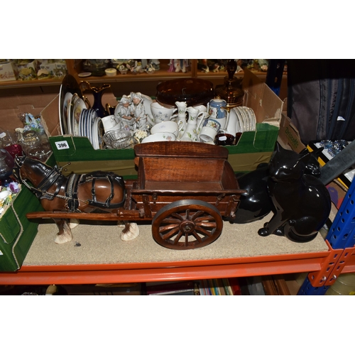 396 - TWO BOXES AND LOOSE CERAMICS AND GLASSWARE, to include a Beswick shire horse, pulling a wooden cart,... 