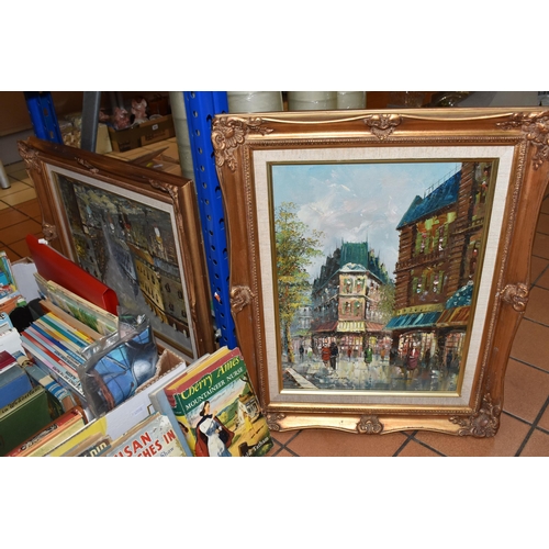 398 - THREE BOXES AND LOOSE BOOKS AND MISCELLANEOUS, to include two gold framed oil paintings of street sc... 