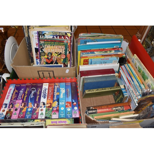 398 - THREE BOXES AND LOOSE BOOKS AND MISCELLANEOUS, to include two gold framed oil paintings of street sc... 