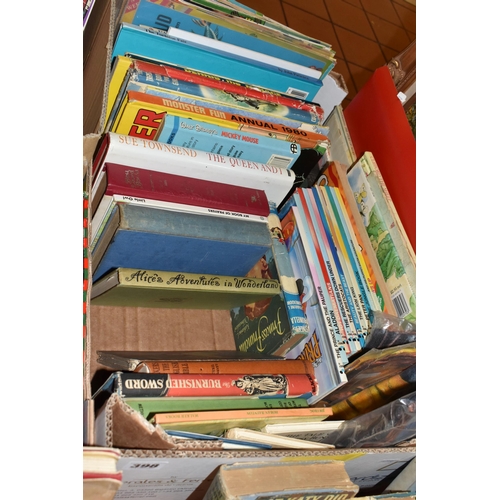 398 - THREE BOXES AND LOOSE BOOKS AND MISCELLANEOUS, to include two gold framed oil paintings of street sc... 