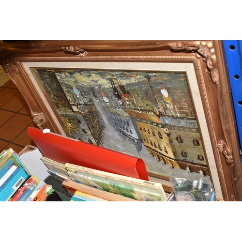 398 - THREE BOXES AND LOOSE BOOKS AND MISCELLANEOUS, to include two gold framed oil paintings of street sc... 