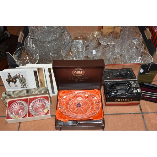 399 - TWO BOXES AND LOOSE MISCELLANEOUS ITEMS, to include Royal Doulton Crystal by Webb Corbett lead cryst... 