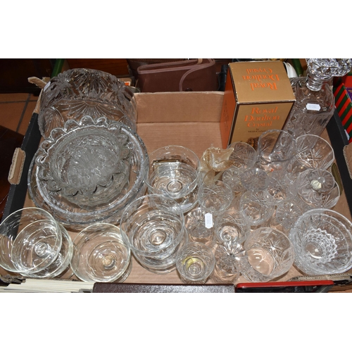 399 - TWO BOXES AND LOOSE MISCELLANEOUS ITEMS, to include Royal Doulton Crystal by Webb Corbett lead cryst... 