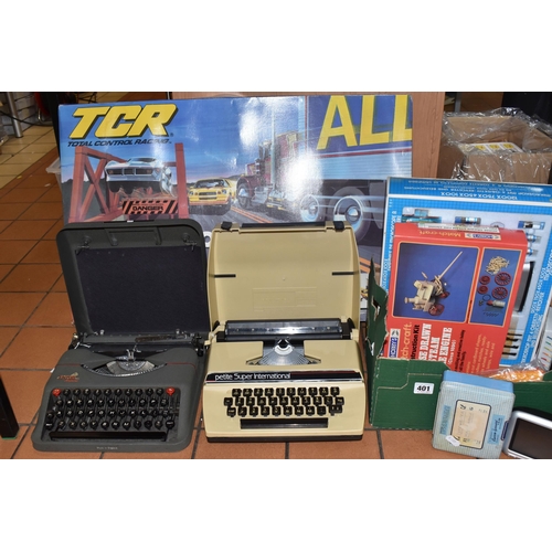 401 - ONE BOX AND LOOSE MISCELLANEOUS ITEMS, to include two vintage typewriters in cases including typewri... 