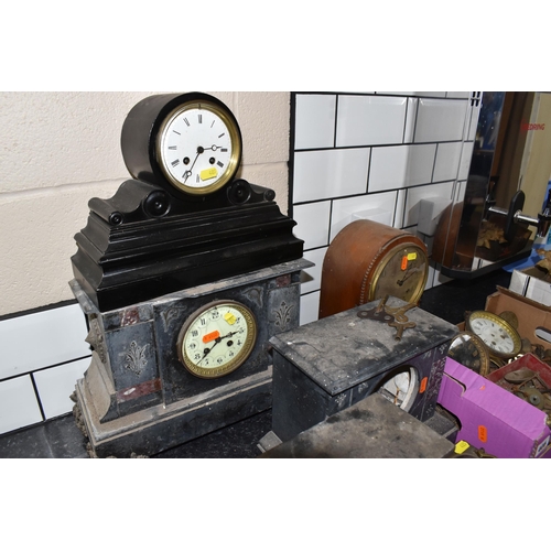 405 - TWO BOXES AND LOOSE CLOCK SPARE PARTS to include a large quantity of assorted vintage parts comprisi... 