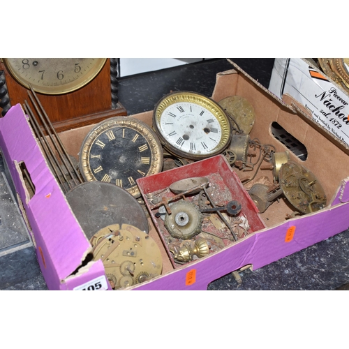 405 - TWO BOXES AND LOOSE CLOCK SPARE PARTS to include a large quantity of assorted vintage parts comprisi... 