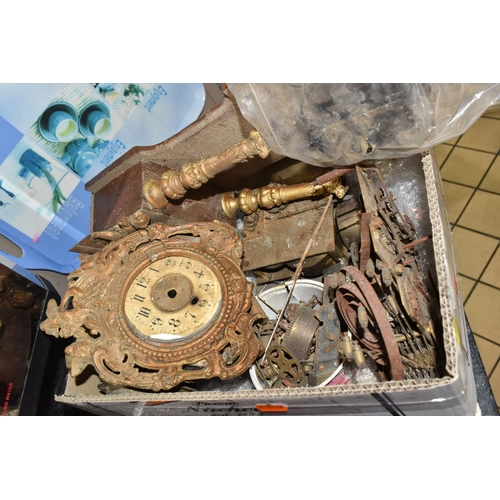 405 - TWO BOXES AND LOOSE CLOCK SPARE PARTS to include a large quantity of assorted vintage parts comprisi... 