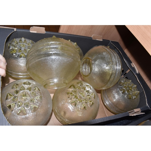 408 - FOUR BOXES OF VINTAGE GLASS LAMP SHADES to include a box of eight mid-century spherical glass hangin... 