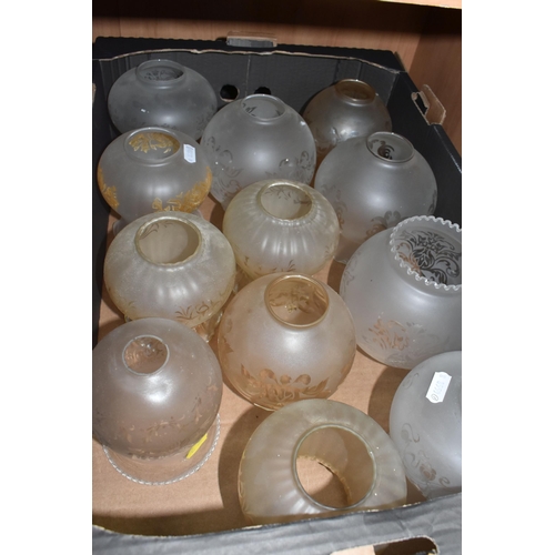 408 - FOUR BOXES OF VINTAGE GLASS LAMP SHADES to include a box of eight mid-century spherical glass hangin... 