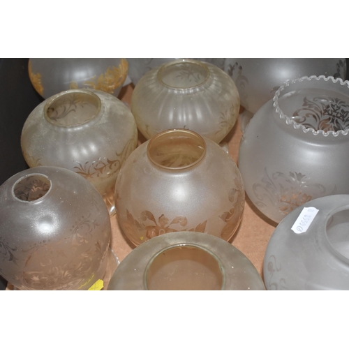 408 - FOUR BOXES OF VINTAGE GLASS LAMP SHADES to include a box of eight mid-century spherical glass hangin... 