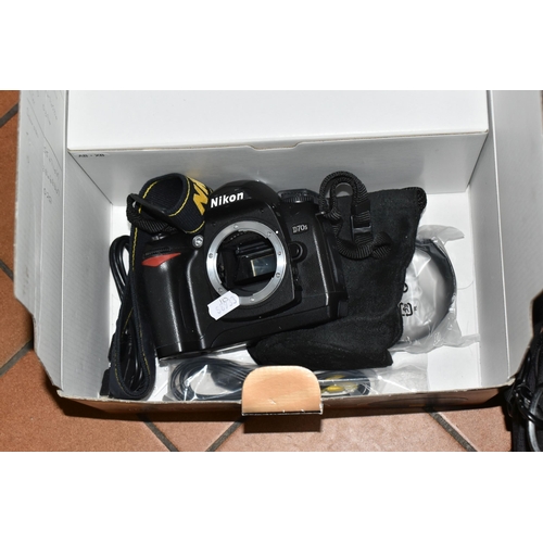 410 - ONE BOX AND LOOSE PHOTOGRAPHIC EQUIPMENT to include a boxed Nikon D70s (box says kit but just camera... 