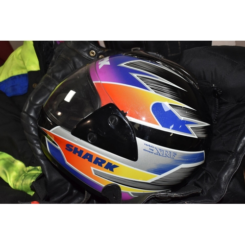 412 - A BOX AND LOOSE MOTORCYCLE EQUIPMENT to include a Shark 7810 helmet (marked 1995, medium, 1st quarte... 