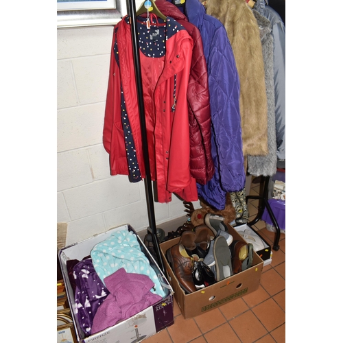 414 - TWO BOXES AND LOOSE MEN'S AND WOMEN'S CLOTHES AND SHOES to include two faux fur ladies' jackets to i... 