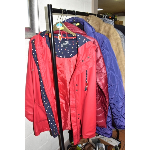 414 - TWO BOXES AND LOOSE MEN'S AND WOMEN'S CLOTHES AND SHOES to include two faux fur ladies' jackets to i... 