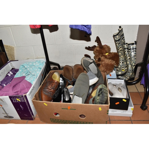 414 - TWO BOXES AND LOOSE MEN'S AND WOMEN'S CLOTHES AND SHOES to include two faux fur ladies' jackets to i... 