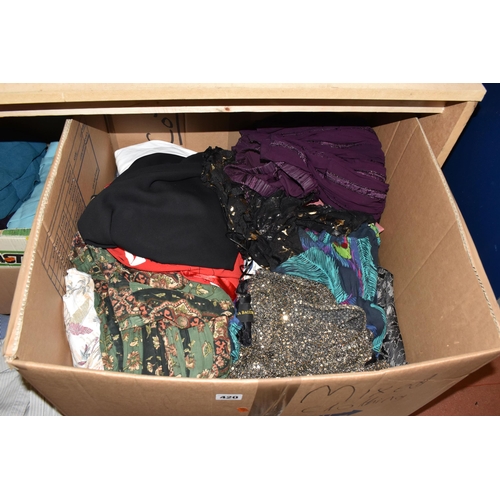 420 - SEVEN BOXES OF CLOTHING AND ACCESSORIES, to include men's shirts, size medium, collar 15 3/4 - 16 1/... 