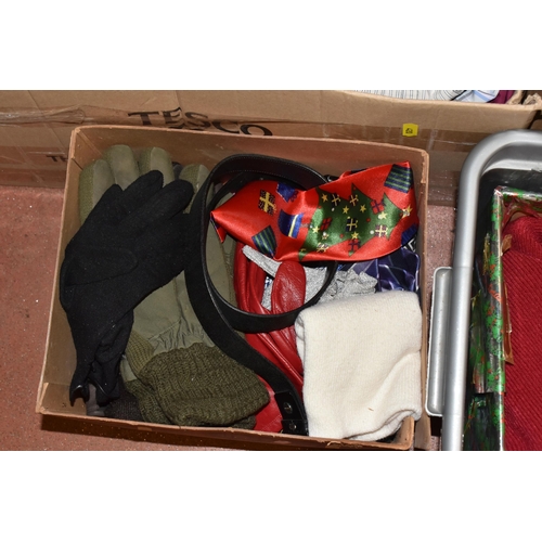 420 - SEVEN BOXES OF CLOTHING AND ACCESSORIES, to include men's shirts, size medium, collar 15 3/4 - 16 1/... 