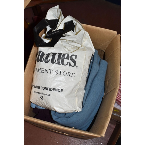 420 - SEVEN BOXES OF CLOTHING AND ACCESSORIES, to include men's shirts, size medium, collar 15 3/4 - 16 1/... 