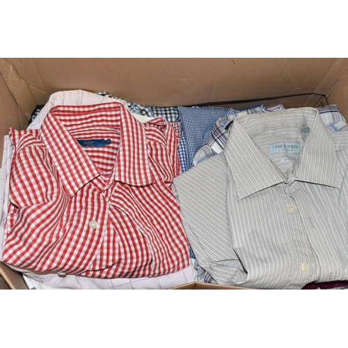 420 - SEVEN BOXES OF CLOTHING AND ACCESSORIES, to include men's shirts, size medium, collar 15 3/4 - 16 1/... 