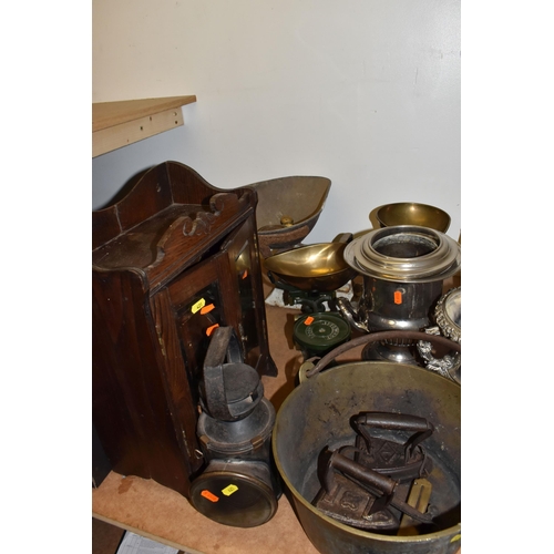 421 - THREE BOXES AND LOOSE METALWARE, RECORDS AND SUNDRY ITEMS, to include a smoker's cabinet with pipe/p... 