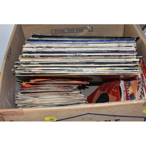 421 - THREE BOXES AND LOOSE METALWARE, RECORDS AND SUNDRY ITEMS, to include a smoker's cabinet with pipe/p... 